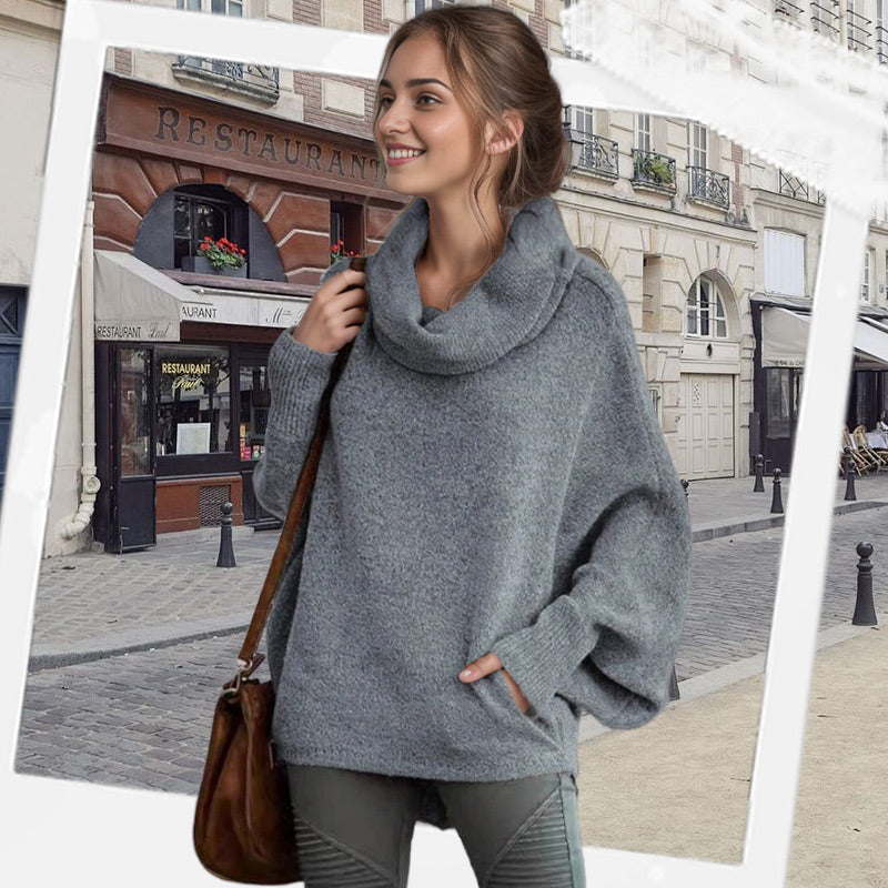 LÉORALABEL Women’s Batwing Knit Sweater – Soft Cowl Neck with Pockets