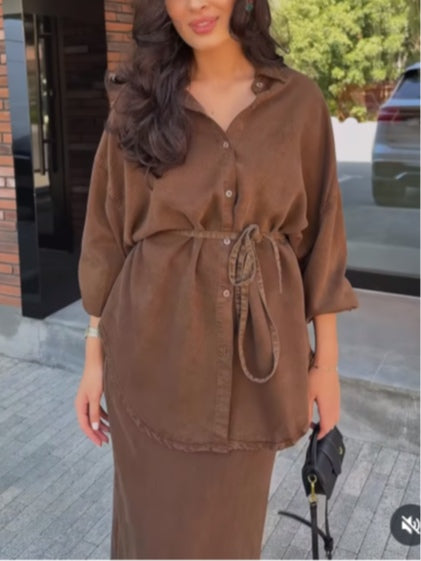 LÉORALABEL Tie-Waist Shirt & Skirt Set – Effortless Layers for Aussie Days